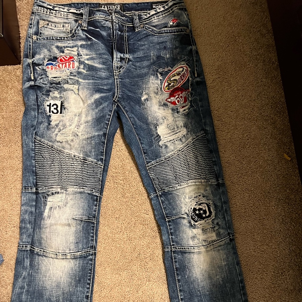 Distressed Blue Men's Patchwork Jeans
